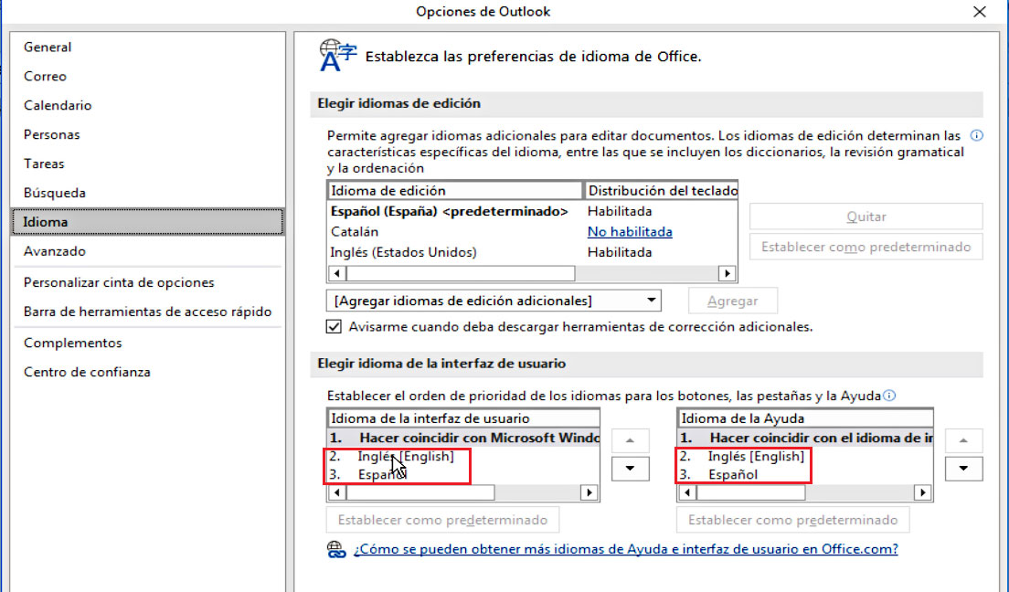 Pantallazos.es Microsoft Outlook 2013/16 Cambiar idiomas de ayuda e