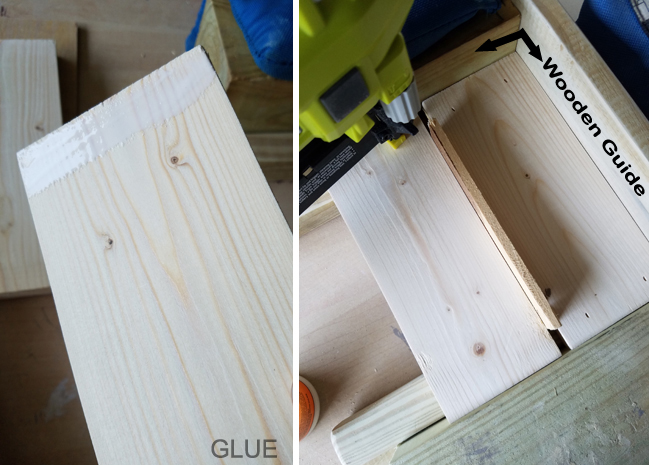 wood glue and brad nails for installing planks of crate with Ryobi brad nailer