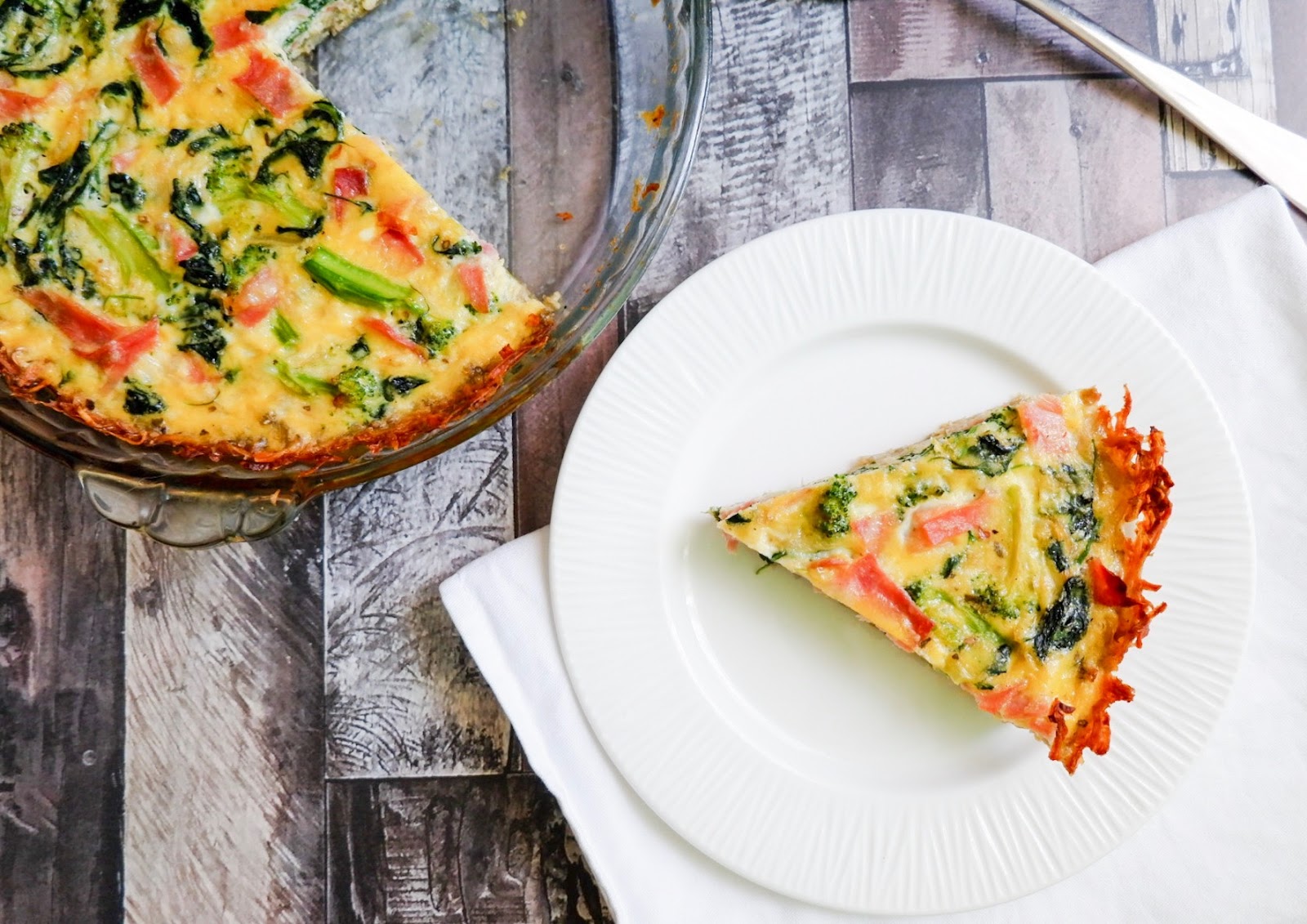 Spinach, Broccoli and Cheddar Quiche with Hash Brown Crust Knotty Laces