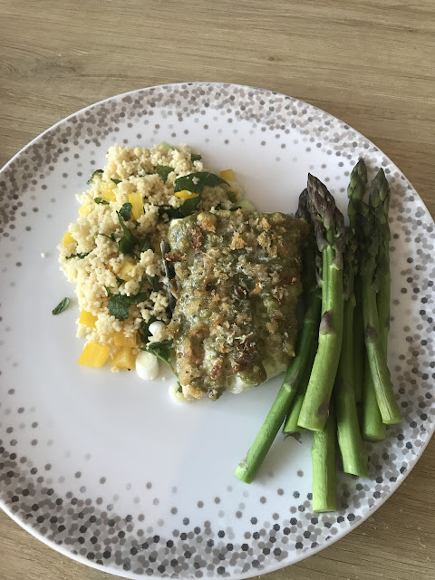 Bistro Becs and Family: Pesto Topped Haddock with Herby Couscous