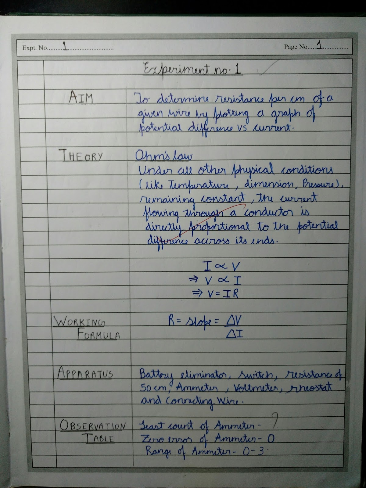 Exp. 1 To determine the resistance per cm of a given wire by plotting