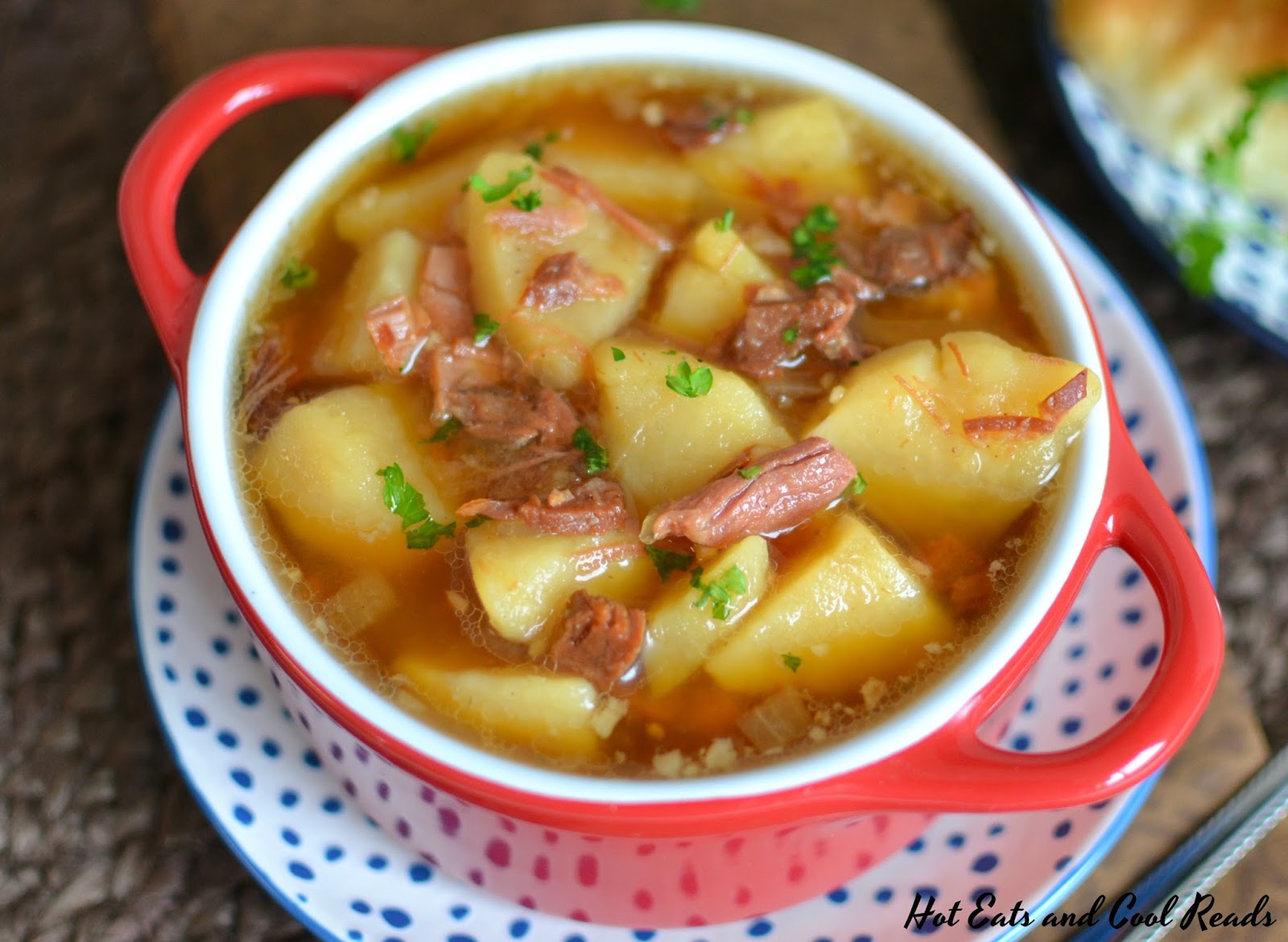 This homemade soup is easy and delicious! It's a great way to use leftovers from Thanksgiving, Christmas or Easter and it will warm you up on a cold fall or winter day! Ham Bone and Potato Soup Recipe from Hot Eats and Cool Reads