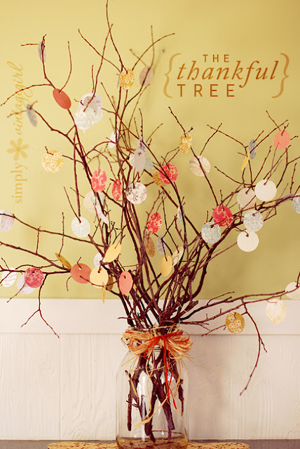 This Thankful Tree by Simply Vintage Girl is made with twigs, ribbons and some small gift tags or pieces of paper. It's a simple fall craft that adds a lot of love and meaning to your home