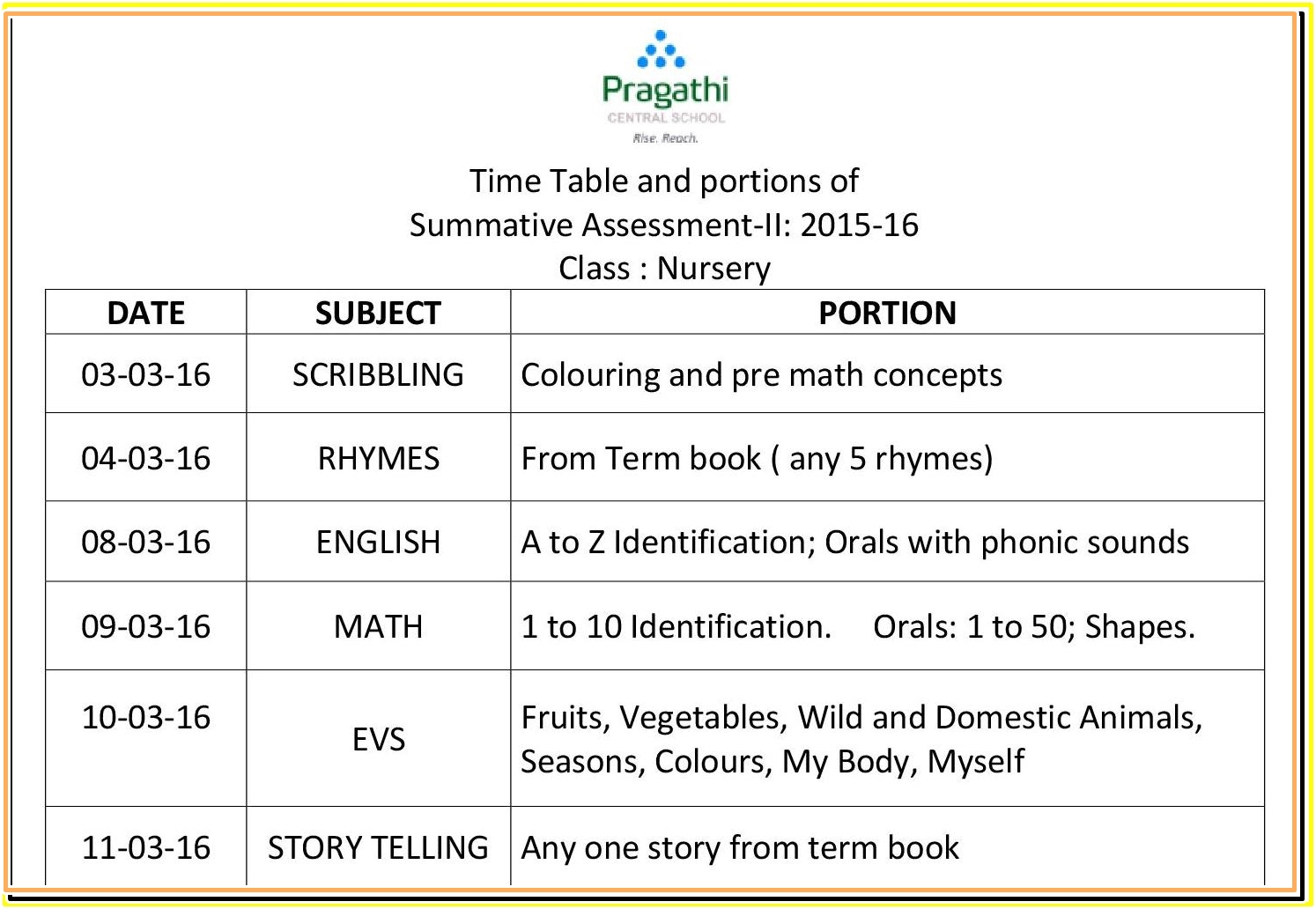 PRAGATHI CENTRAL SCHOOL GRADE NURSERY S.A. II TIME TABLE AND