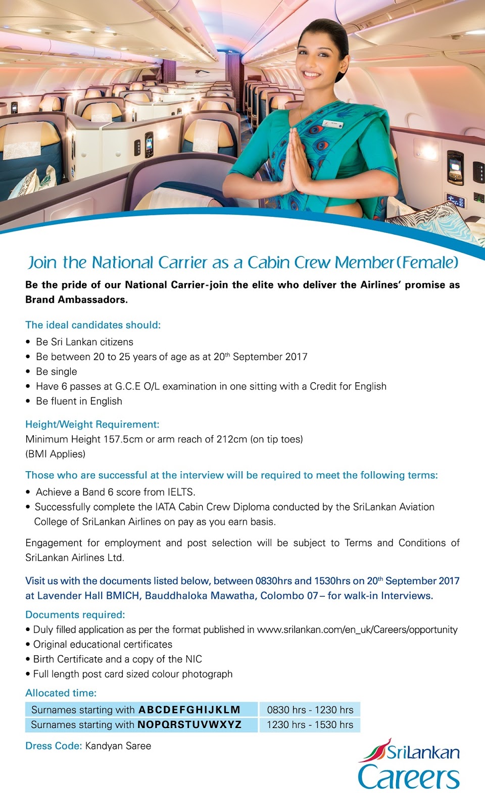 Vacancy In Sri Lanka Airlines Cabin Crew With O L Qualification