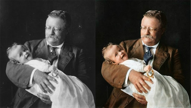 Roosevelt with Grandchild, Originally black & white and colorized.
