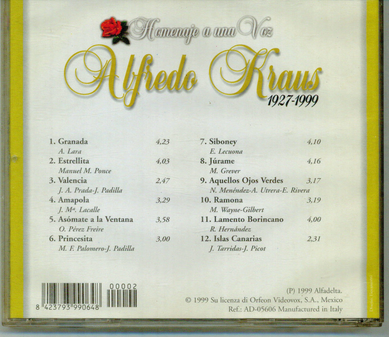 A TODA ZARZUELA ALFREDO KRAUS HOMENAJE A UNA VOZ CANCIONES