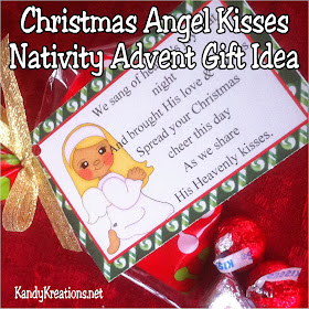 Looking for a great Christmas gift idea for friends and neighbors? This Nativity Advent gift idea has 12 days of sweet treats, poems and gifts to bring Christ into Christmas in a fun way. Day nine has a Christmas angel bringing heavenly kisses from on high. #christmas #advent #christmasangel #countdown #bagtopper #diypartymomblog
