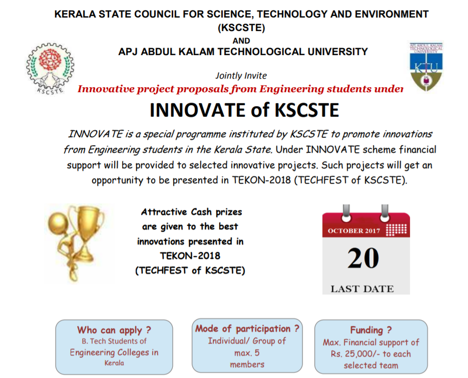 Invited Student Project Proposals under INNOVATE of KSCSTE KTU Students