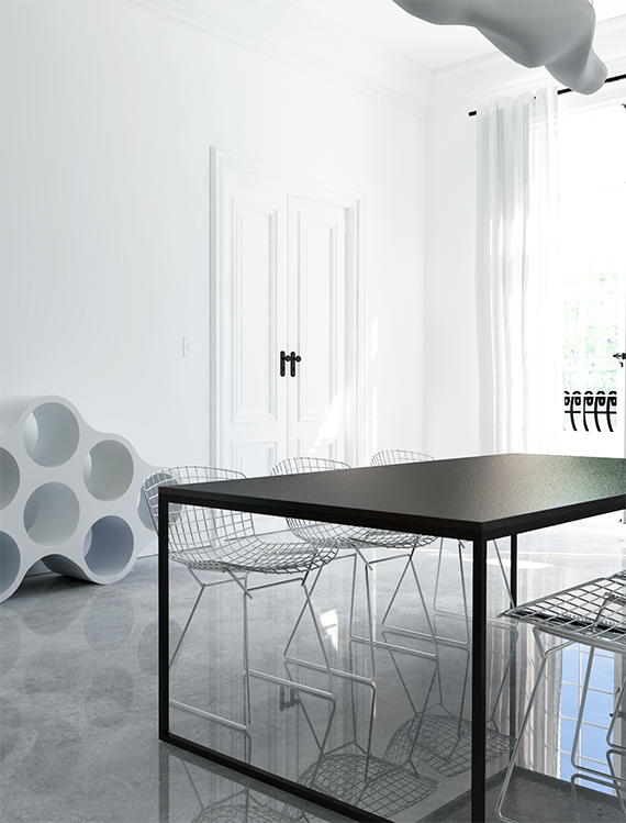 Eclectic minimalistic dining room with gloss concrete floor. Interior design by Eleni Psyllaki @myparadissi