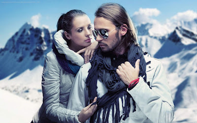 Romantic love couple in mountain with snow wallpapers