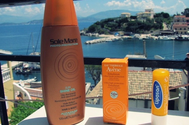 sun protection: Alfaparf body hair oil Avene face protection Liposan balm