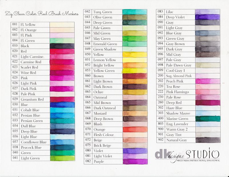 Zig Real Brush Markers Color Chart
