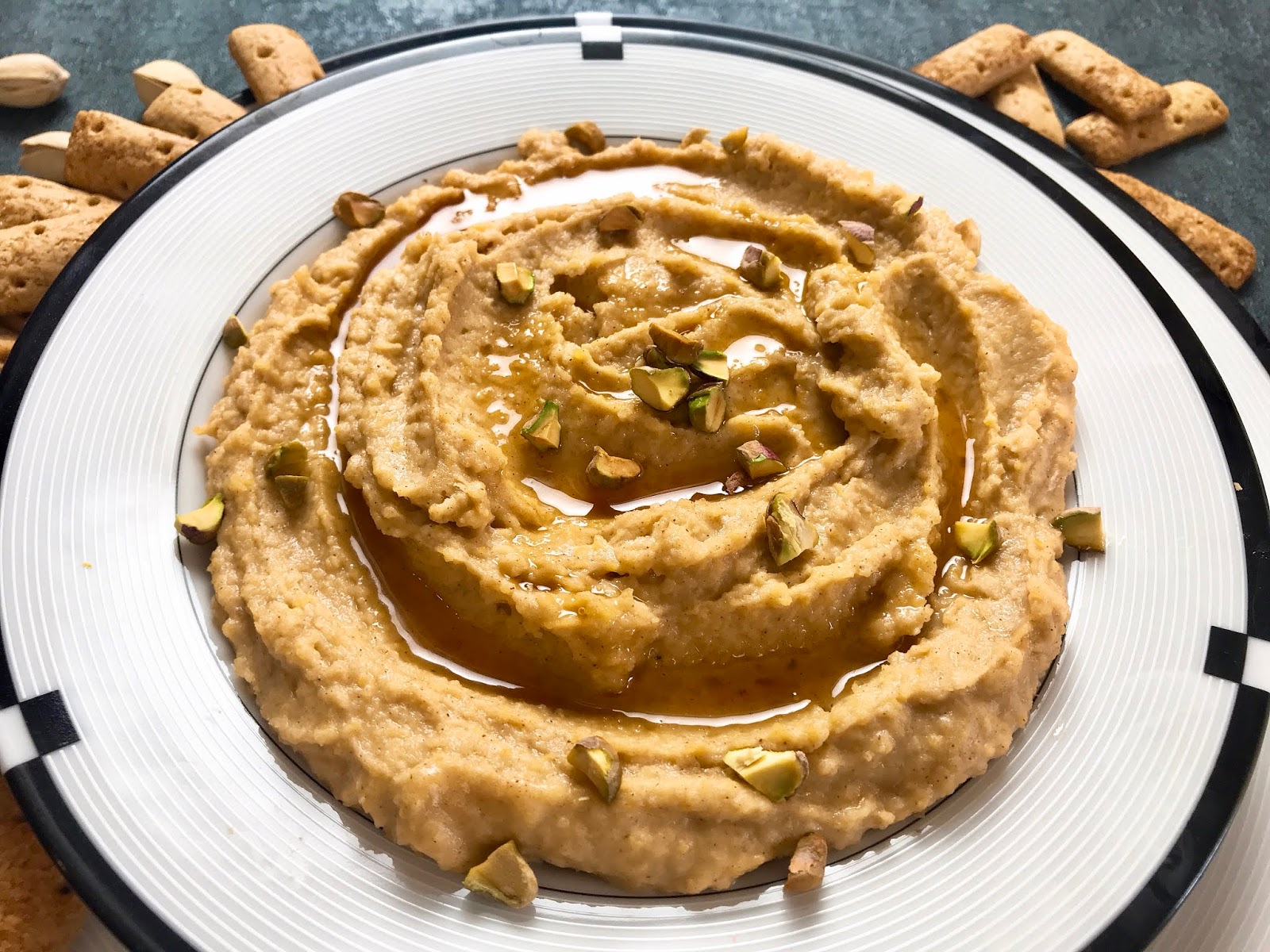Sweet Halva Hummus with Honey and Pistachios