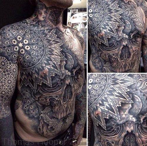 Preto Excelente Crânio Tatuagem no Estômago