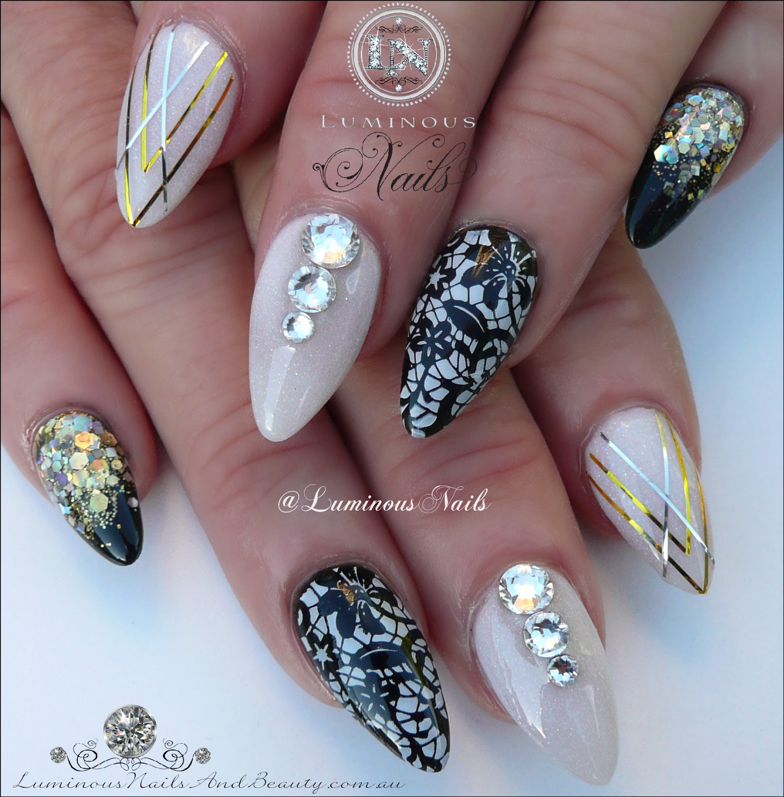 Luminous Nails Black White Gold Acrylic Black White Gold Acrylic Nails