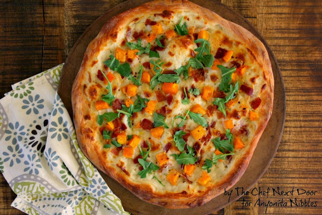 Beautiful and whole butternut squash pizza with homemade white sauce from The Chef Next Door for Anyonita-nibbles.co.uk