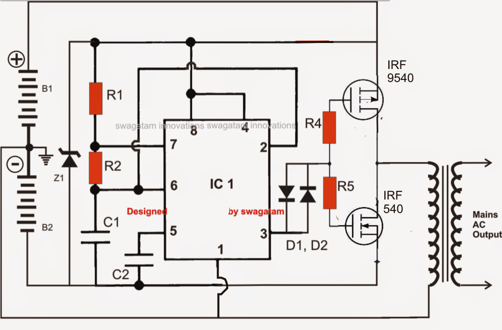 Simplest Power Inverter Circuit Using a Single 555 IC | Circuit Diagram