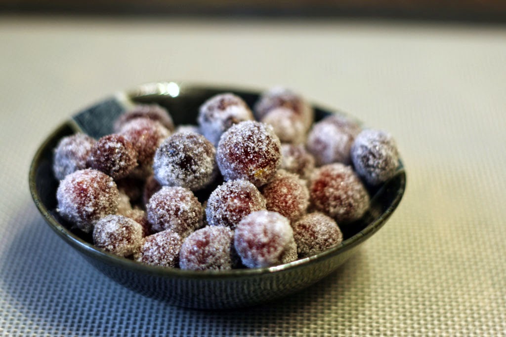 A bowl of candied cranberries.