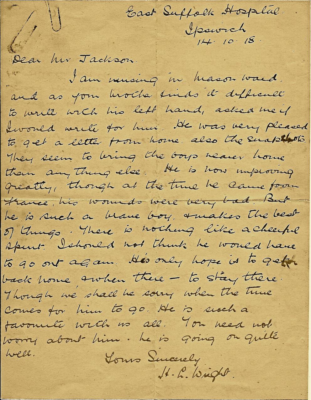 Letters From World War One October 14, 1918 Canadian Red Cross Society