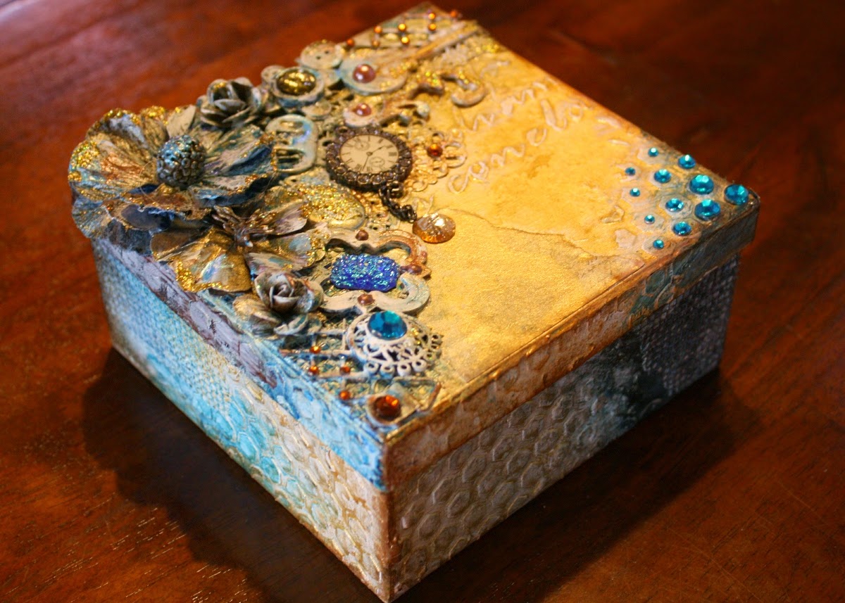 A Keepsake box by Gabrielle Pollacco using Bo Bunny mixed media products: Glimmer Sprays, Pearlescents, Glitter Paste and Stickable Stencils