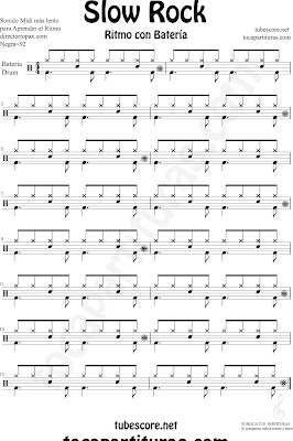 Partitura de Slow Rock para Batería para aprender Rock Lento Sheet Music for Drum Styles Battery Music Scores