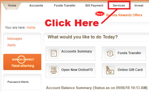 how to order cheque book in bank of baroda online
