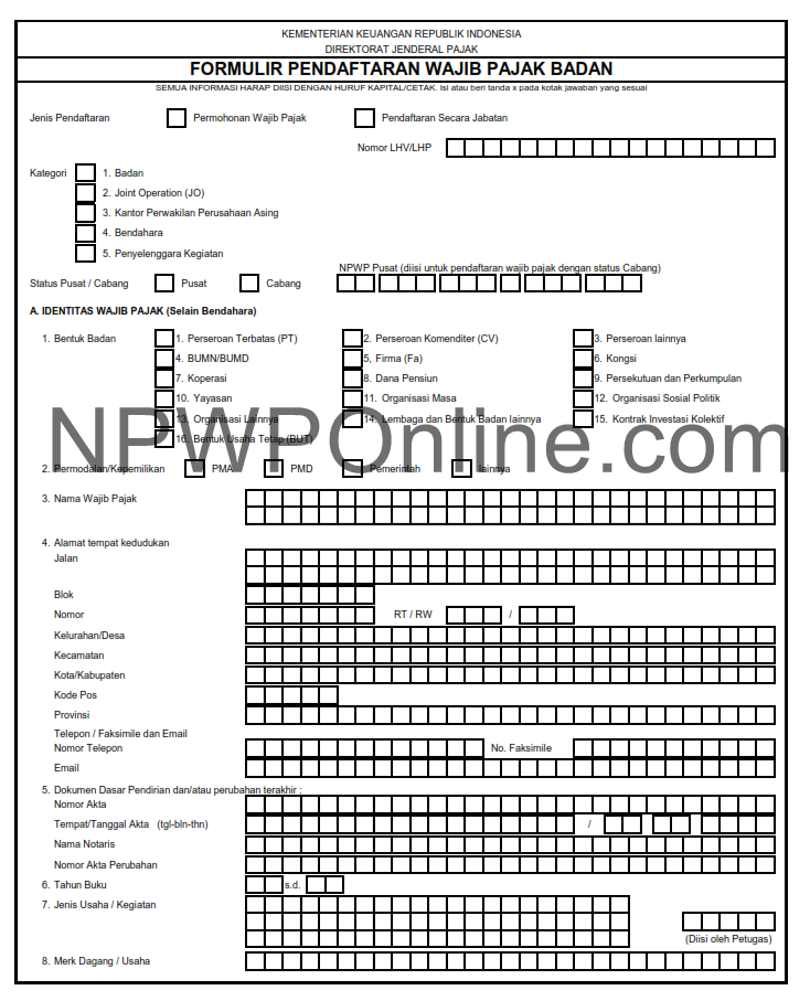 Formulir Pendaftaran NPWP Perusahaan Format Excel dan PDF