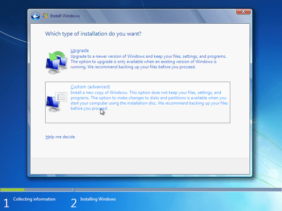 Cara instal windows 7 - custom advanced