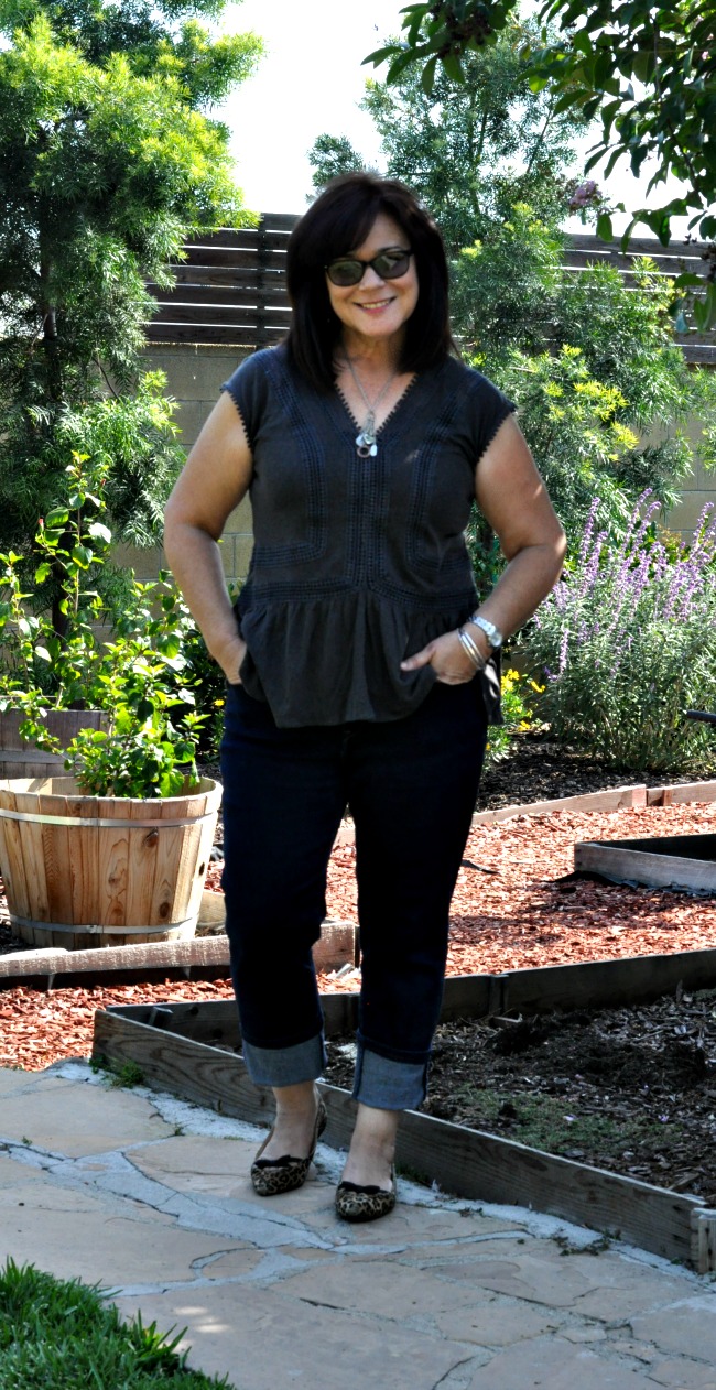 charcoal peplum and blue jeans