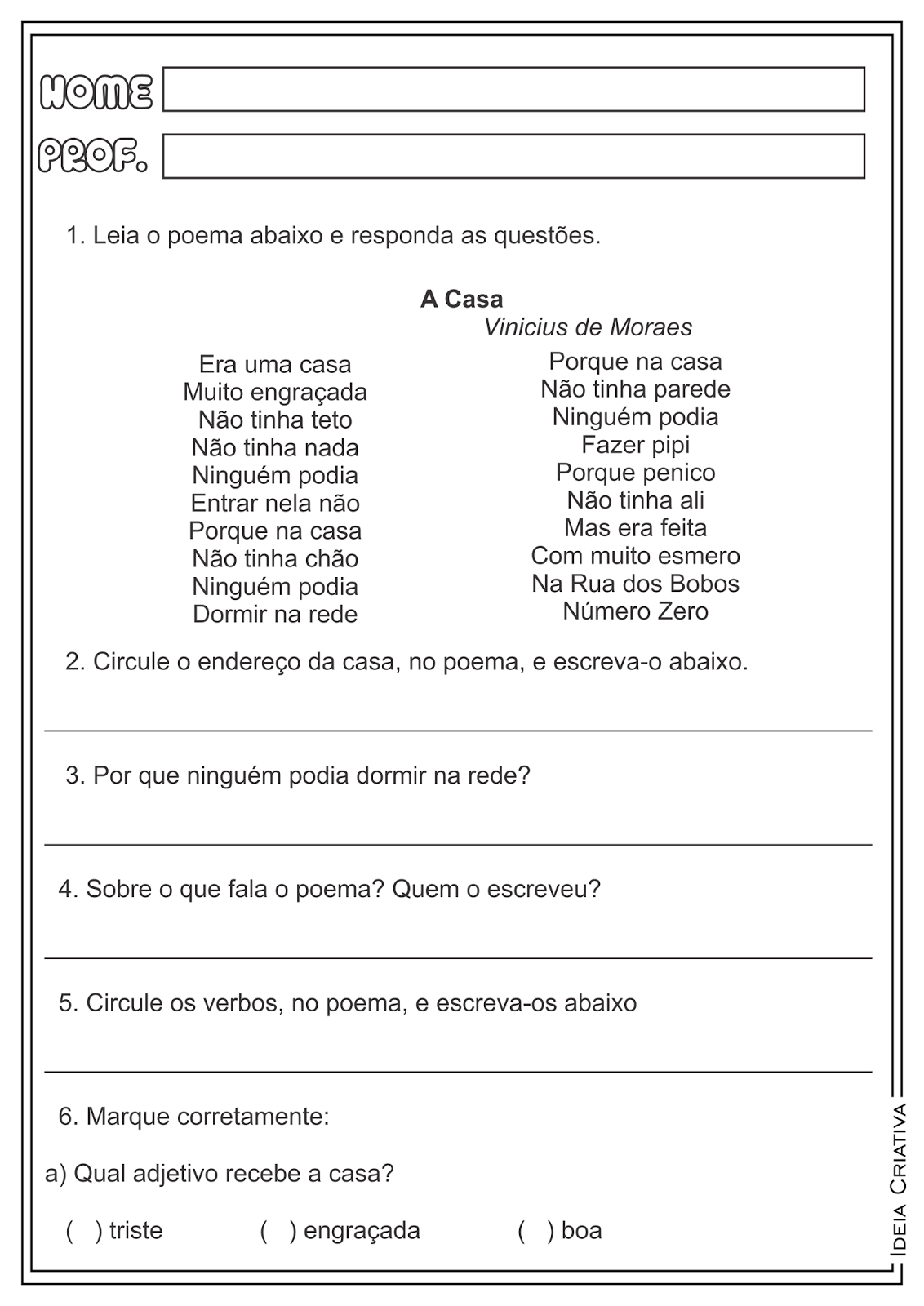 Atividades Interpretação de Texto Poema Vinicius de Moraes para Ensino Fundamental