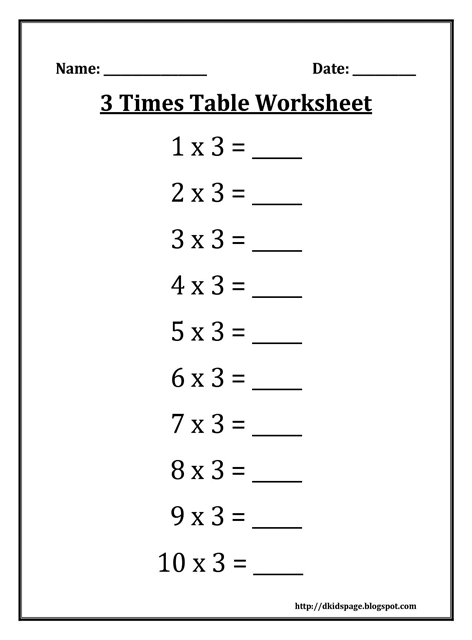 Kids Page 3 Times Multiplication Table Worksheet