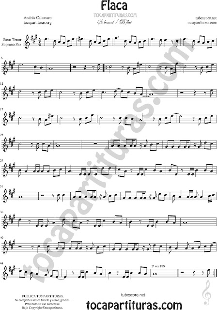 Soprano Sax y Saxo Tenor Partitura de Flaca Sheet Music for Soprano Sax and Tenor Saxophone Music Scores