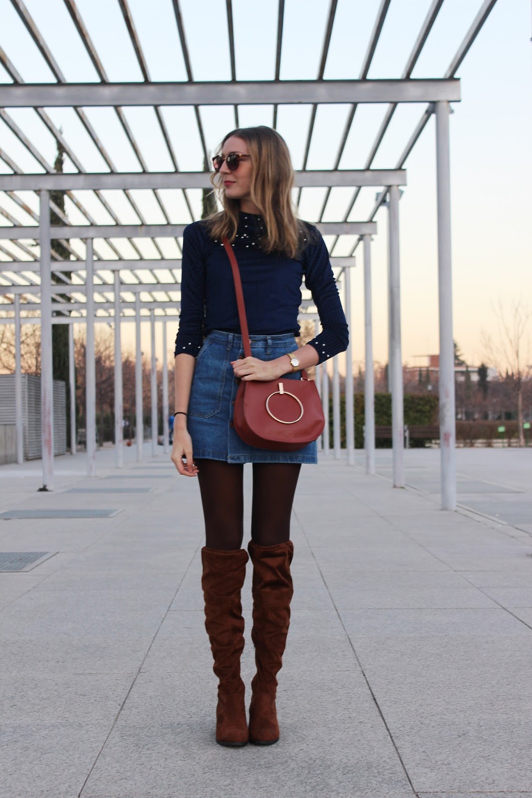 Pearl-top-denim-skirt-over-the-knee-boots-street-style