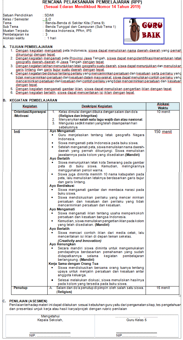 Rpp Kelas 5 Tema 9 Subtema 1 Pembelajaran 1 / Rpp K13