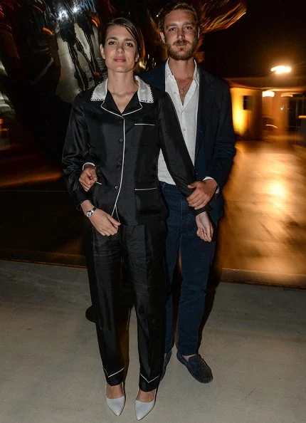 Charlotte Casiraghi wore PRADA Embellished silk twill style pajama set. Pierre Casiraghi at Oceanographic Museum