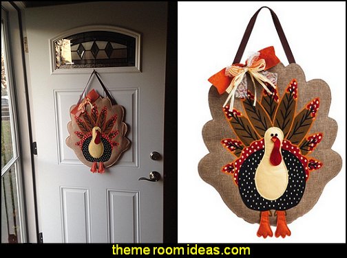 Turkey Burlap Door Decor autumn fall themed bedroom decorating seasonal decor - Autumn Fall Thanksgiving Harvest Decor - fall themed bedding - fall bedroom decor - rustic decorating for thanksgiving - Autumn colors decorate for fall - Turkey Burlap Door Decor