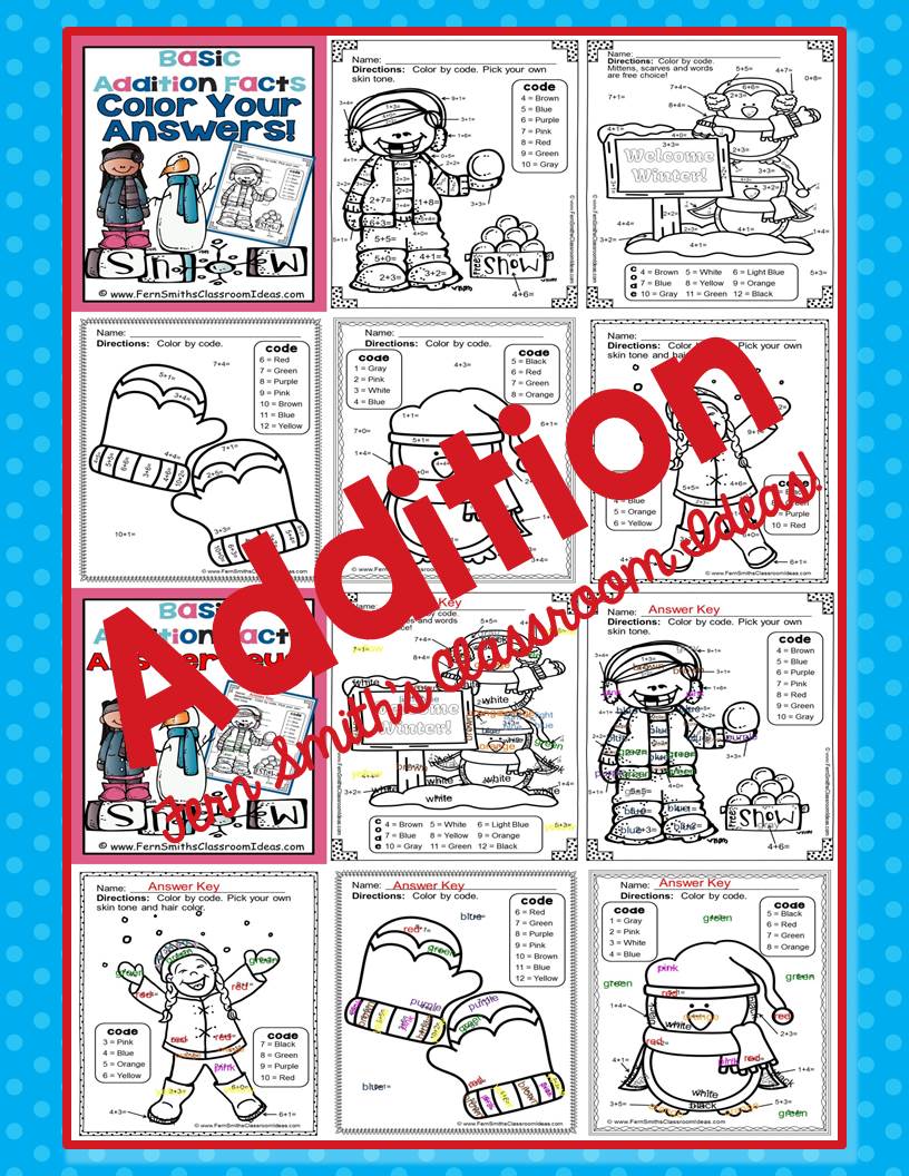 Fern Smith's Classroom Ideas Matching Winter Fun! Basic Addition Facts - Color Your Answers Printables