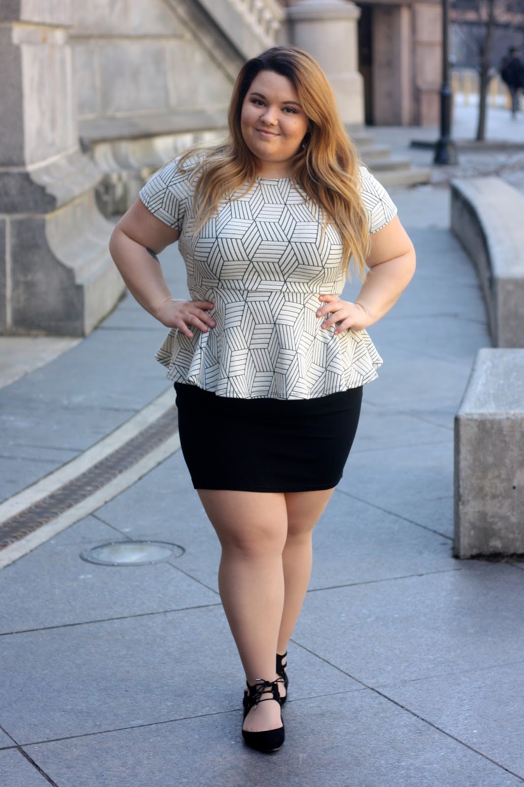 plus size, peplum top, plus size fashion, natalie craig, natalie in the city, chicago, river walk, black pencil skirts, plus size office attire, ballet flats, nine west