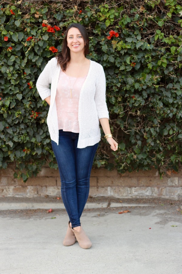 Villa Ada: Long cardigan, Pink scarf & White ankle jeans } - Meagan's Moda