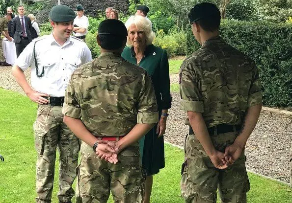 Prince Philip had been the Colonel in Chief of The Rifles since its formation. The Duchess is wearing a green coat dress and a bugle brooch
