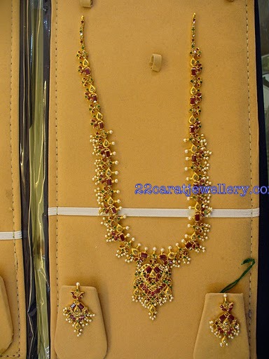 Gold Long Chains with Pearls,Uncut Diamonds and Rubys - Jewellery Designs