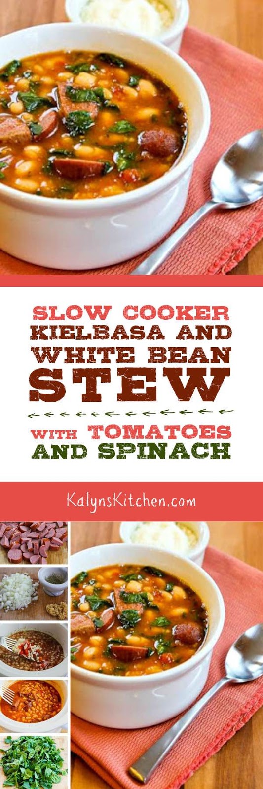Slow Cooker Kielbasa and White Bean Stew with Tomatoes and Spinach