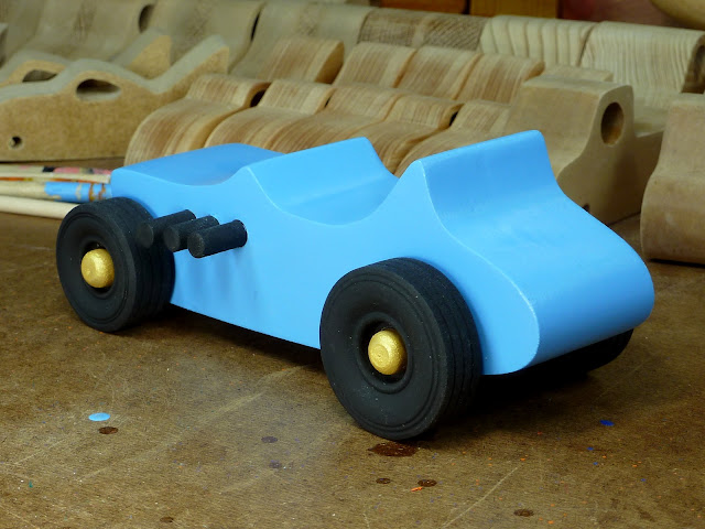 Left Rear - Wooden Toy Car - Hot Rod Freaky Ford - 27 T Bucket - MDF - Blue - Black - Gold