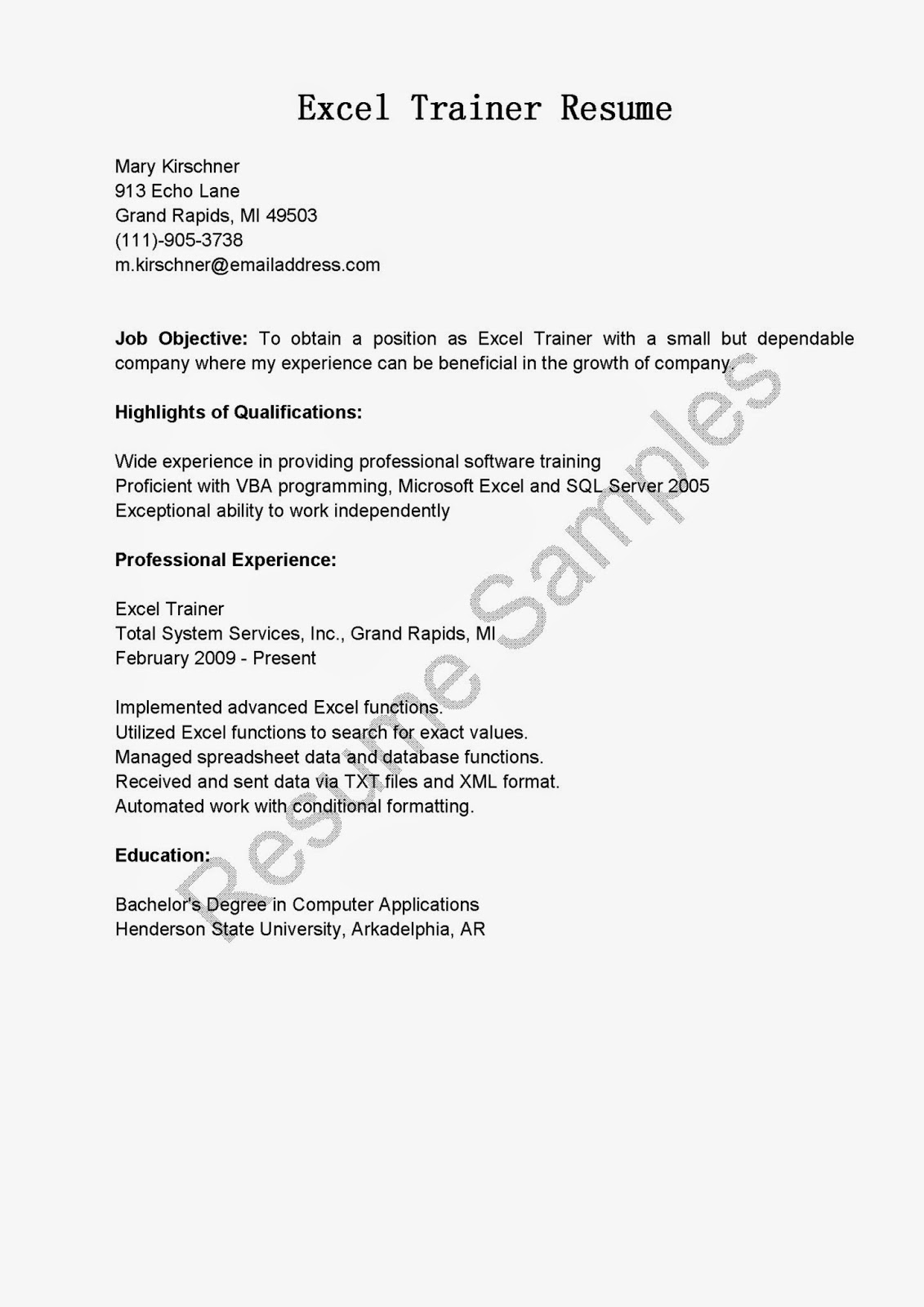 Resume Samples Excel Trainer Resume Sample
