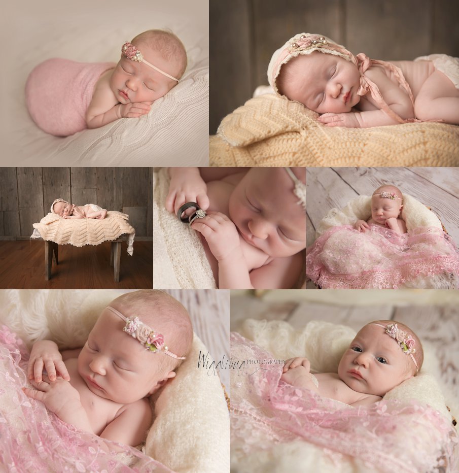 Newborn baby photos of a baby girl in pink cream and white DeKalb Sycamore IL 