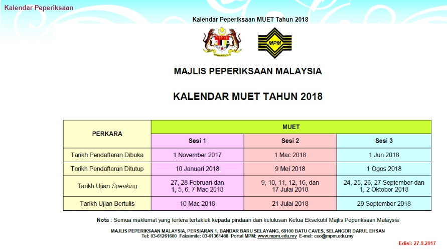 Kalendar Peperiksaan Muet 2018 Pendidikan Malaysia