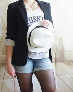 Cheeky Hat Girl - Denim Shorts, Whiskey Top, Long Blazer & Hut