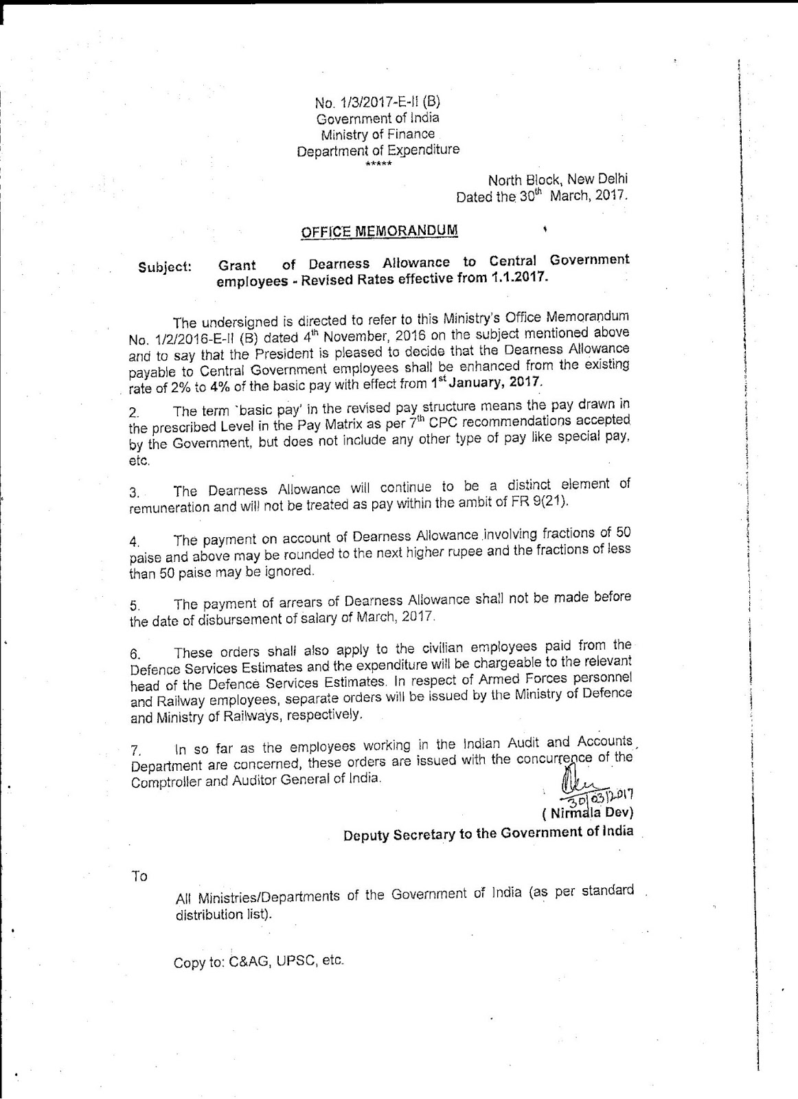 Grant of Dearness Allowance to Central Government employees Revised Rates effective from 01.01