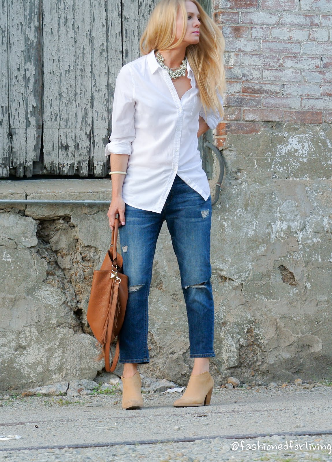 Fashioned For Living: cropped jeans outfit with white button up and mules